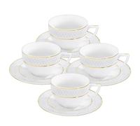 Wilmax - Tasses avec soucoupes - Motif doré - Lot de 4-240 ml - Tasses à café en porcelaine - Blanc - Service de table pour 4 personnes - Set de tasses pour café, thé, desserts