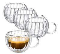 Wilmax - Verres thermiques cannelés avec anse - Lot de 4-300 ml - Verres à café à double paroi - Lot de verres à latte macchiato - Verres à cappuccino avec anse - Verres à thé