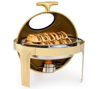 WILPREP 6L Chafing Dish Buffet Rond, Ensemble de Plat Chauffant à Couvercle Rabattable Visible, Réchauffeur de Nourriture en Acier Inoxydable avec Fenêtre en Verre pour Traiteur Fête Banquet, Doré