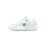 WILSON Courtglide Chaussures de Tennis pour Femmes, Ajustement Parfait, Confort Aéré, Adhérence Fiable, Absorption des Chocs, Mouvement Fluide, Couleur : Blanc/Argent, Taille : 4