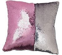 Housse de coussin carrée paillettes et velours, coloris rose & argent, 40 x 40 cm