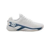WILSON Rush Pro Extra Duty Chaussures de Tennis Homme, Technologie ProWeave pour la Stabilité et Semelles Résistantes, Tous Types de Courts, Couleur: Blanc/China Blue/Silver Birch, Taille : 11.5