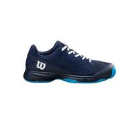 WILSON Rush Pro Junior L Chaussures de Tennis, pour Un Jeu Confortable et Un Amorti Dynamique, Résistantes à l'abrasion, Couleur : Bleu Marine/Blanc/Bleu Atomique, Taille : 2K
