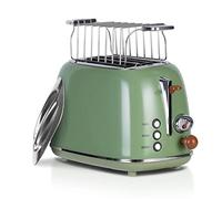 Wiltal Grille-pain rétro 2 tranches acier inoxydable, vert | 6 niveaux de brunissage réglables, Grille réchauffe-viennoiseries de haute qualité, Préchauffage
