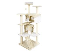 Wiltec Arbre à Chat - 130 cm de Haut - Design ludique avec Balles de Jeu - Meuble grattage Escalade félin Peluche - Couleur Beige-Blanc - avec Maisonnettes, sisal et Plate-Forme
