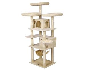 Wiltec Arbre à Chat - 172 cm de Haut - Design ludique avec Motif de Pattes - Meuble grattage félin Peluche - Couleur Beige - avec Hamac, maisonnette, sisal, Niche, Plate-Forme, balles de Jeu