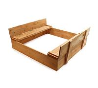 Wiltec Bac à Sable - 98 x 98 x 18 cm - en Bois - avec Couvercle Repliable, 2 Bancs intégrés avec Dossier - Jeux extérieur Enfants