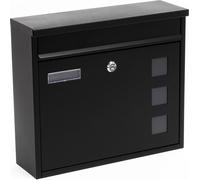 Wiltec Boîte aux lettres murale V12, Verrouillable, Noire, Acier galvanisé, 360 x 115 x 320 mm, avec Clapet, Fenêtres et Porte-nom