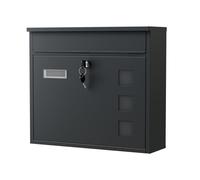 Wiltec Boîte aux lettres murale V12, Verrouillable, Noire, Acier galvanisé, 362 x 115 x 315 mm, avec Clapet, Fenêtres et Porte-nom