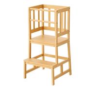 Wiltec Chaise d’enfant - 46 x 46 x 90 cm - Tour d’apprentissage - en Bambou - avec Rampe et Barre anti-chute - Sécurité et indépenda