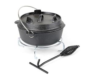 Wiltec Dutch Oven Marmite 4L en Fonte Dessous-plat Lève-couvercle Pied de support Fait-tout Pot Cocotte Feu de camp Camping Barbecue Grillade Friture Cuisson Extérieur