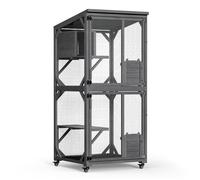 Wiltec Enclos extérieur pour chats - 74 x 78 x 180 cm - sur Roues - en Bois de sapin et acier - 3 niveaux, 2 porte - Parc à chats -