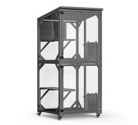 Wiltec Enclos extérieur pour Chats - 74 x 78 x 180 cm - sur Roues - en Bois de Sapin et Acier - 3 Niveaux, 2 Porte - Parc à Chats - Activité féline