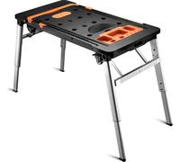 Wiltec Établi d'atelier 108,5x55x52cm Noir et Orange 7 fonctions en 1 Multiusages Banc de travail Siège mécanicien Chariot Tréteau Équipement Bricolage