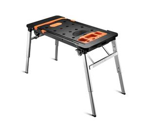 Wiltec Établi d'atelier 108,5x55x52cm Noir et Orange 7 Fonctions en 1 Multiusages Banc de Travail Siège mécanicien Chariot Tréteau Équipement Bricolage