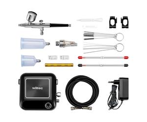 Wiltec HS-A9K Kit avec Compresseur, Tuyau et 3 Buses - Moteur 12 V - Pression autostop 1,5 bars - Arrêt et Mise en marche automatiques - Accessoires multiples - Tatouage, Aérographe, Manucure