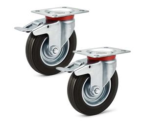 Wiltec Jeu 2x Roulette pivotante Blocage double - Ø 125 mm - Capacité 100 kg - en Caoutchouc - Roue avec Frein et Plaque de montage - Transport Appareil Accessoire Meuble - Usage silencieux sans trace
