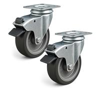 Wiltec Jeu 2x Roulette pivotante en caoutchouc - Ø 75 mm - Capacité de charge 75 kg - Roue avec Frein et Plaque de montage - Transport Appareil Accessoire Meuble - Usage silencieux sans trace