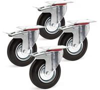 Wiltec Jeu 4x Roulette pivotante Blocage double – Ø 125 mm – Capacité 100 kg – en Caoutchouc – Roue avec Frein et Plaque de montage – Transport Appareil Accessoire Meuble – Usage silencieux sans trace