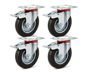 Wiltec Jeu 4x Roulette pivotante Blocage double - Ø 125 mm - Capacité 100 kg - en Caoutchouc - Roue avec Frein et Plaque de montage - Transport Appareil Accessoire Meuble - Usage silencieux sans trace