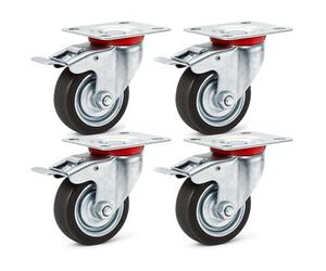 Wiltec Jeu 4x Roulette pivotante Blocage double - Ø 75 mm - Capacité 50 kg - en Caoutchouc - Roue avec Frein et Plaque de montage - Transport Appareil Accessoire Meuble - Usage silencieux sans trace
