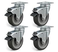 Wiltec Jeu 4x Roulette pivotante en caoutchouc - Ø 100 mm - Capacité de charge 80 kg - Roue avec Frein et Plaque de montage - Transport Appareil Accessoire Meuble - Usage silencieux sans trace
