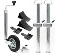 Wiltec Kit Béquille de remorque avec 10 pièces – Roue Jockey, Support, Borne de serrage, Cales de roue – Capacité jusqu’à 362 kg – en Acier galvanisé – Support pied caravanes