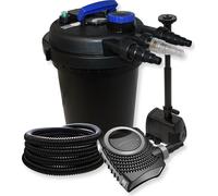 Wiltec Kit complet: CPF-250 Filtre de bassin à pression jusqu’à 10000 L avec 11W lampe uv, NEO8000 SuperEco pompe de filtration 8000l/h 70W, 25m Tuyau 25 mm (1"), HJ-943 ECO fontaine 800l/h 16W