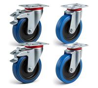 Wiltec Kit de 4 Roulettes - Ø 200 mm - Capacité de charge 350 kg - 2 x Roulette pivotante, 2 x Roulette fixe - Roue en caoutchouc avec Plaque de montage et Frein - Dispositif de transport, diable
