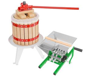 WilTec Kit Presse et Broyeur à Fruits - capacité 7 L / 12 L - avec Entonnoir en Acier, Panier en hêtre et Torchon Sac de filtrage - Pressoir Manuel pour Moût de Pomme Poire Raisins Baies - Vin Cidre