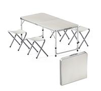 WilTec Kit Table de Camping Pliante, 1200 x 600 x 545 mm, avec 4 assises tabourets, Table Portable Blanche MDF/alu, réglable en Hauteur 54/61/70 cm, extérieur, BBQ, fêtes, Barbecue, Pique-Nique