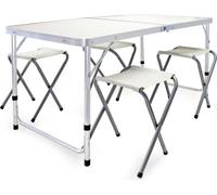 Wiltec Kit Table de camping pliante, 1200 x 600 x 545 mm, avec 4 assises tabourets, table portable blanche MDF/alu, réglable en hauteur 54/61/70 cm, extérieur, BBQ, fêtes, barbecue, pique-nique
