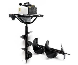 Wiltec Kit Tarière thermique à essence - Moteur 2 temps 2,2 kW 3 CV - Cylindrée 63 cm³ - Perceuse sol Trépan pour Clôture Sylviculture Jardinage Aménagement - Vis sans fin incluses de 250, 300 mm
