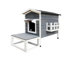 Wiltec Maisonnette pour Chat - 580 x 736 x 1049 mm - en Bois résistant - avec Pavillon, Terrasse, Entrée, Porte arrière de Secours - Cabane Abri Niche pour Chatons Outdoor Maisonnette extérieure
