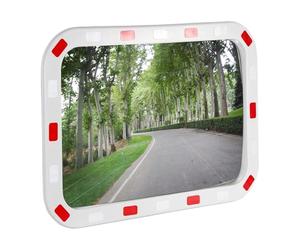Wiltec Miroir routier convexe de circulation 50 x 70 cm Champ de vision de 130°-160° Bandes réfléchissantes Blanc-rouge Sécurité routière Outdoor Indoor Polycarbonate solide Surveillance Rue Magasin
