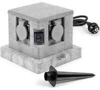 Wiltec Multiprise de jardin quadruple – 4 prises – 194 x 194 x 165 mm – Design granit – en PP – avec Câble 1,5 m et Capteur crépusculaire – Utilisation extérieure IP44 Outdoor