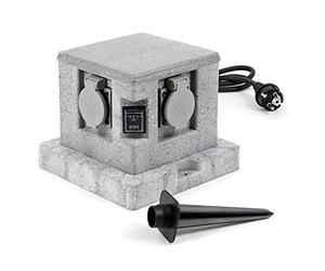 Wiltec Multiprise de jardin quadruple - 4 prises - 194 x 194 x 165 mm - Design granit - en PP - avec Câble 1,5 m et Capteur crépusculaire - Utilisation extérieure IP44 Outdoor