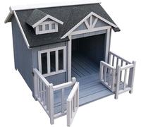 Wiltec Niche de Chien Maison de Luxe XL - Couleur Grise - 935 x 1050 x 775 mm - en Bois de Sapin - avec Toit bitumé et véranda - pour Balcon Jardin Terrasse