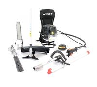 Wiltec Outil Multifonction 4 en 1 - 2860 x 370 x 560 mm - Moteur 4 Temps à Essence 0,9 l - 0,9 KW - avec Rallonge - Coupe-Bordures Débroussailleuse Taille-Haies Élagueuse Accessoires - Jardinage