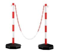 Wiltec Poteaux de chaîne 80 x 28 x 28 cm en rouge et blanc avec chaîne de 1,4 m, 4 crochets en S robustes et base à remplir pour plus de stabilité, idéal comme bornes de stationnement