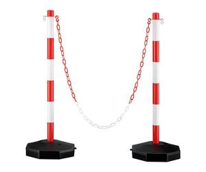 Wiltec Poteaux de chaîne 80 x 28 x 28 cm en rouge et blanc avec chaîne de 1,4 m, 4 crochets en S robustes et base à remplir pour plus de stabilité, idéal comme bornes de stationnement