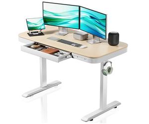 WilTec Table Bureau Assis-Debout Hauteur réglable 720 à 1200 mm Blanc-Beige Taille 1180 x 600mm Moteur Station Charge USB-A USB-C Anticollision Fonction Sauvegarde Rappel Temps Assis/Debout Ergonomie