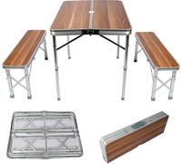 Wiltec Table pliante valise 900 x 660 x 700 mm, et deux bancs, en alumium et MDF, pliable de camping légère pour extérieur, BBQ, fêtes, barbecue, pique-nique
