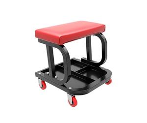 WilTec Tabouret de mécanicien 37,5 x 36 x 38,5 cm Noir Rouge Servante d’Atelier Mobile sur Roulette Plateau Outils Inclus Rangement Garage Jardinage Ergonomie Chariot de Visite