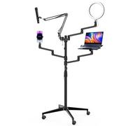 WilTec Trépied de Bras 4 en 1 pour Streaming - 99,6 x 15,2 x 143 cm - Support sur Rouleaux 1 Perche Micro + 3 Bras articulés pour caméra, lumière annulaire et Moniteur/Ordinateur - Statif Diffusion
