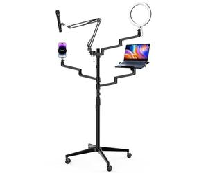 WilTec Trépied de Bras 4 en 1 pour Streaming - 99,6 x 15,2 x 143 cm - Support sur Rouleaux 1 Perche Micro + 3 Bras articulés pour caméra, lumière annulaire et Moniteur/Ordinateur - Statif Diffusion