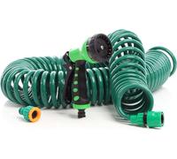 Wiltec Tuyau d’arrosage en spirale - Longueur 15 m - Extensible - avec Buse Multijets 7 modes - Flexible de jardin pour Maison et Jardin - Jardinage Arrosage