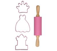 Wilton Kit de Pâtisserie Enfant Princesse 4 Pièces, Rouleau à Pâtisserie avec Emporte-Pièces Couronne Robe et Château, Set de Découpoirs à Biscuits Réutilisable