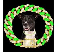 WimuPath Collier pour chien plaqué argent avec diamant vert - Chaîne en métal de style cubain avec boucle sécurisée, collier de luxe durable pour chiens et chiots de petite, moyenne et grande taille