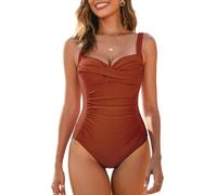 WIN.MAX Une pièce Maillot de Bain contrôle du Ventre Maillot de Bain rembourré froncé, Grande Taille pour Femmes Vintage Push Up Monokinis, pour Cupule C à DD (Rouge Caramel, EU44)